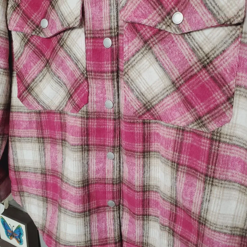 BLANKNYC Shacket Women Size XL Pink Brown Plaid Flannel Snap Buttons New - Picture 3 of 13